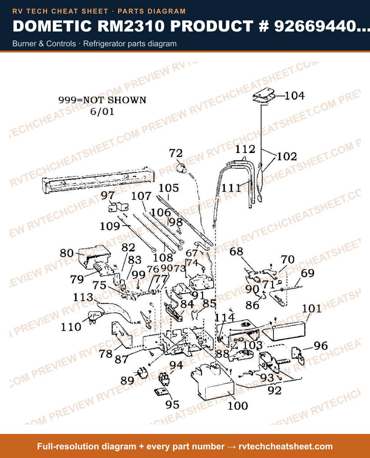 Dometic RM2310 Product # 926694401 2-WAY burner & controls — parts list sheet
