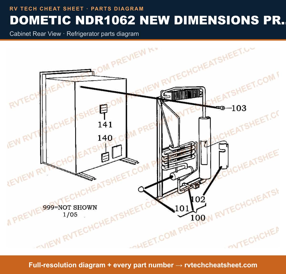 Dometic NDR1062 New Dimensions Product # 921146165 Black cabinet rear view — parts list sheet