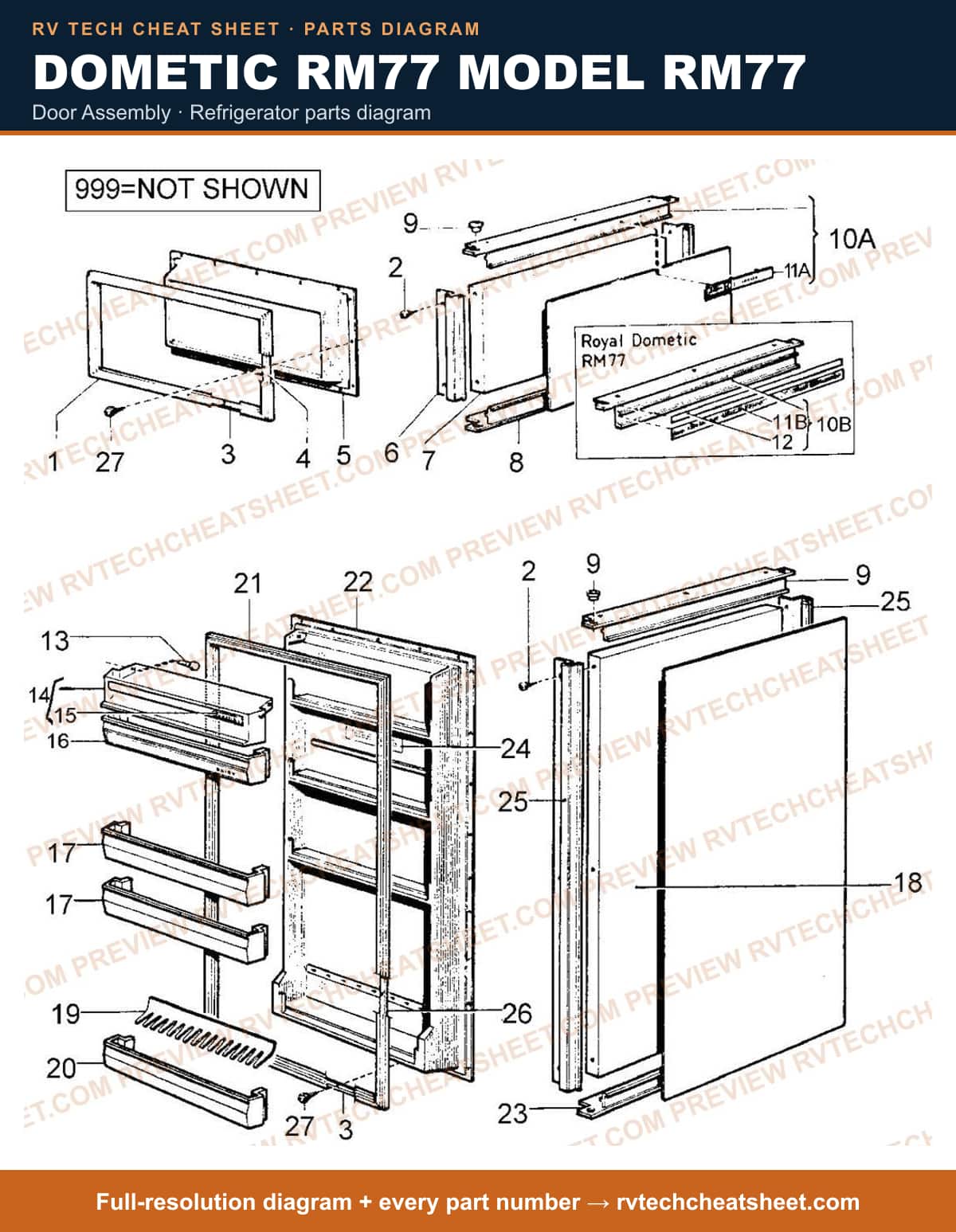 Dometic RM77 Model RM77 door assembly — parts list sheet