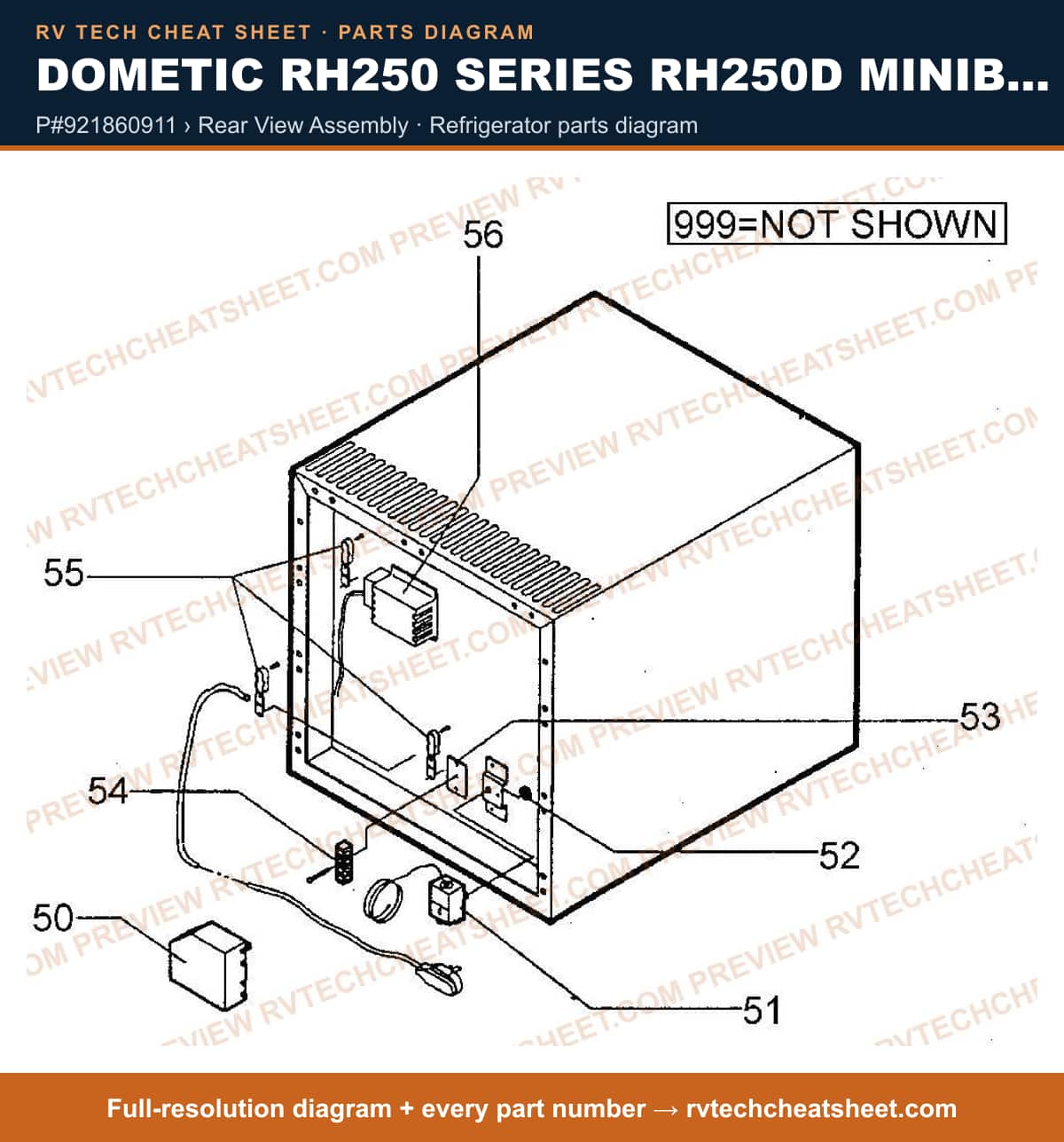 Dometic RH250 Series RH250D Minibar p#921860911 › rear view assembly — parts list sheet