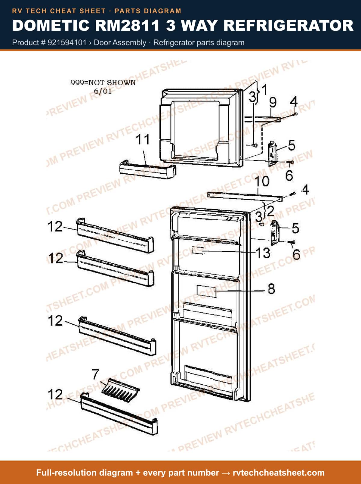 Dometic RM2811 3 Way Refrigerator product # 921594101 › door assembly — parts list sheet