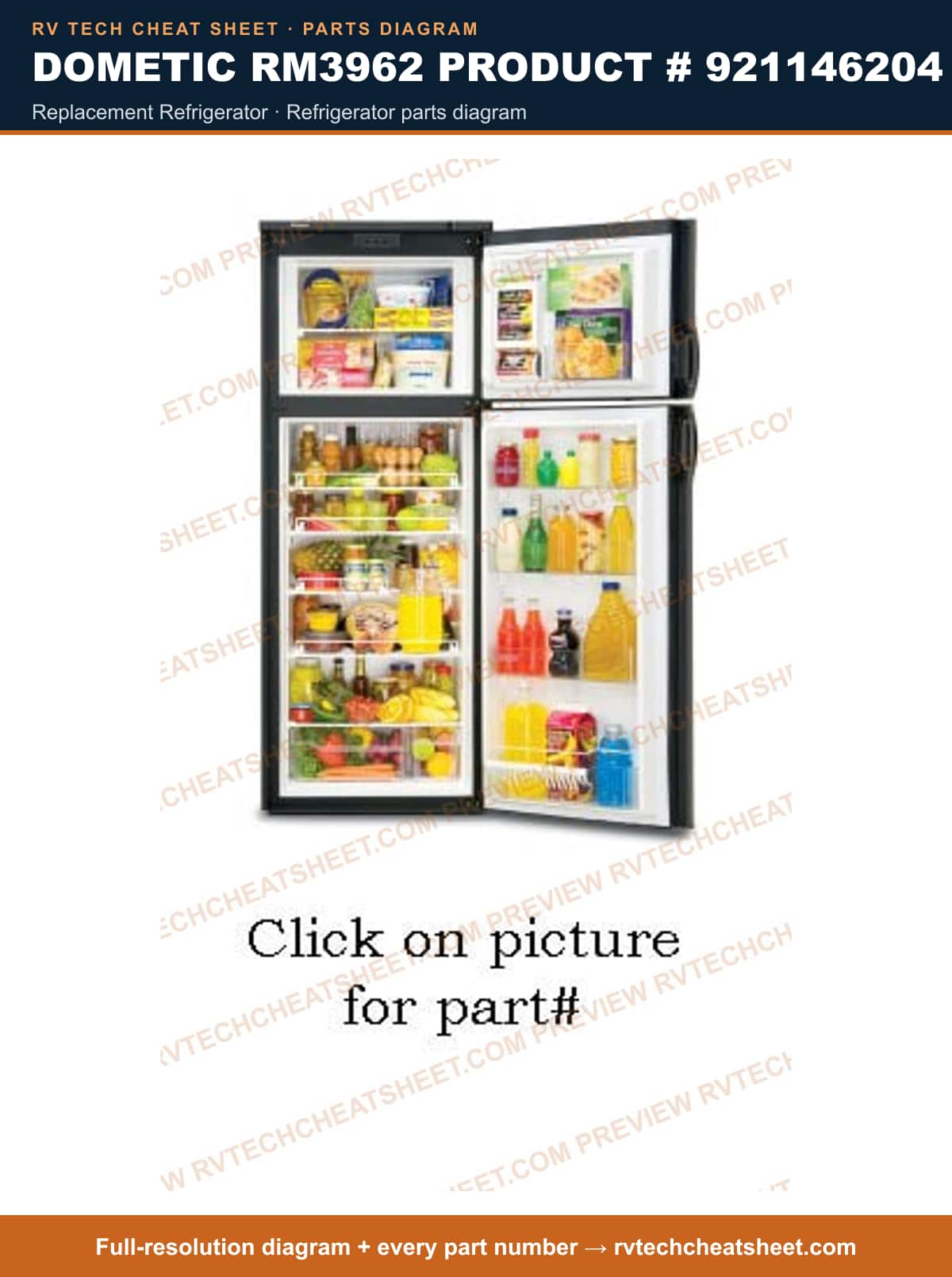 Dometic RM3962 Product # 921146204 replacement refrigerator — parts list sheet