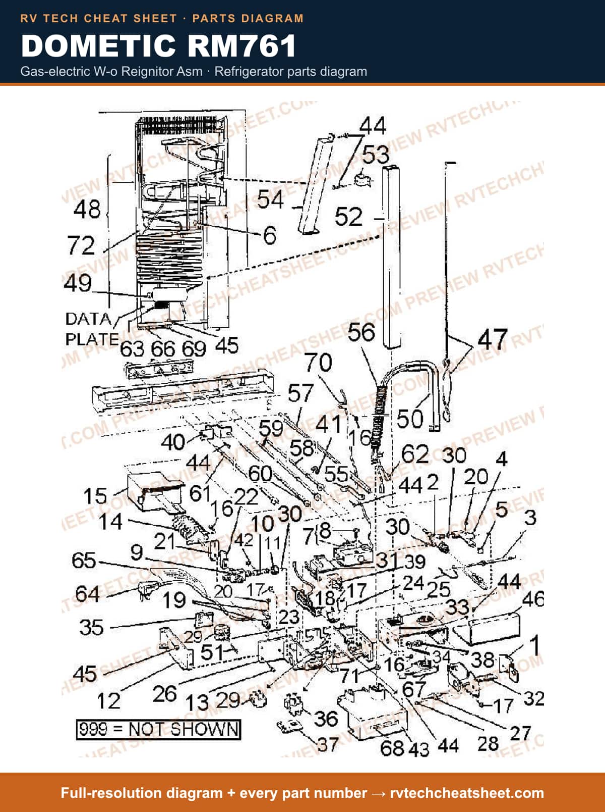 Dometic RM761 gas-electric w-o reignitor asm — parts list sheet