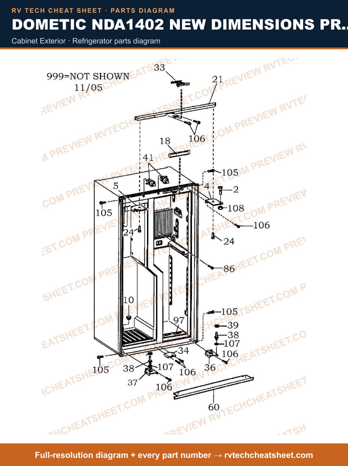 Dometic NDA1402 New Dimensions Product # 921148258 Black cabinet exterior — parts list sheet