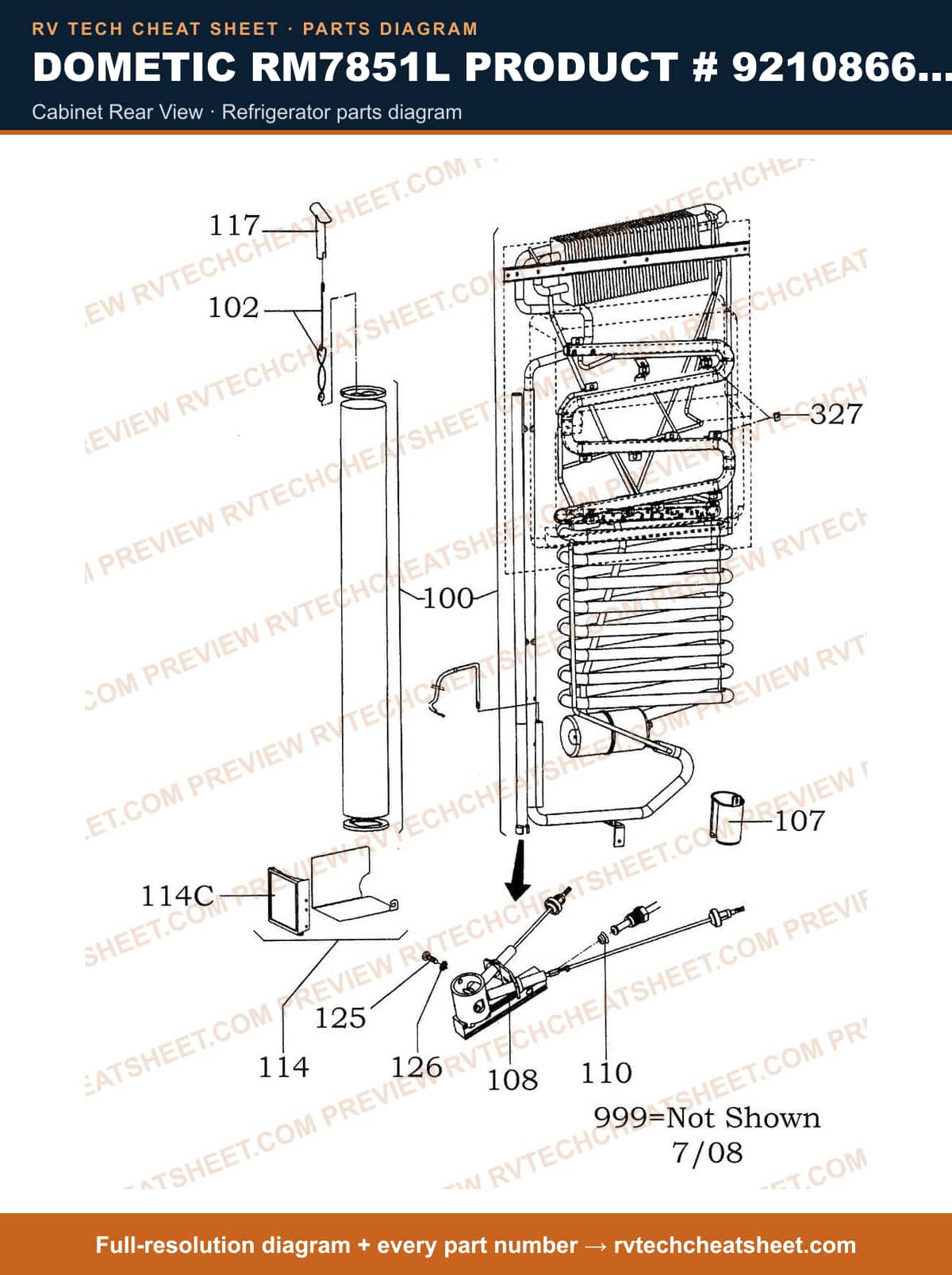 Dometic RM7851L Product # 921086615 Grey cabinet rear view — parts list sheet