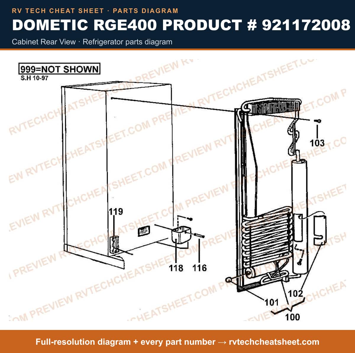 Dometic RGE400 Product # 921172008 cabinet rear view — exploded parts diagram