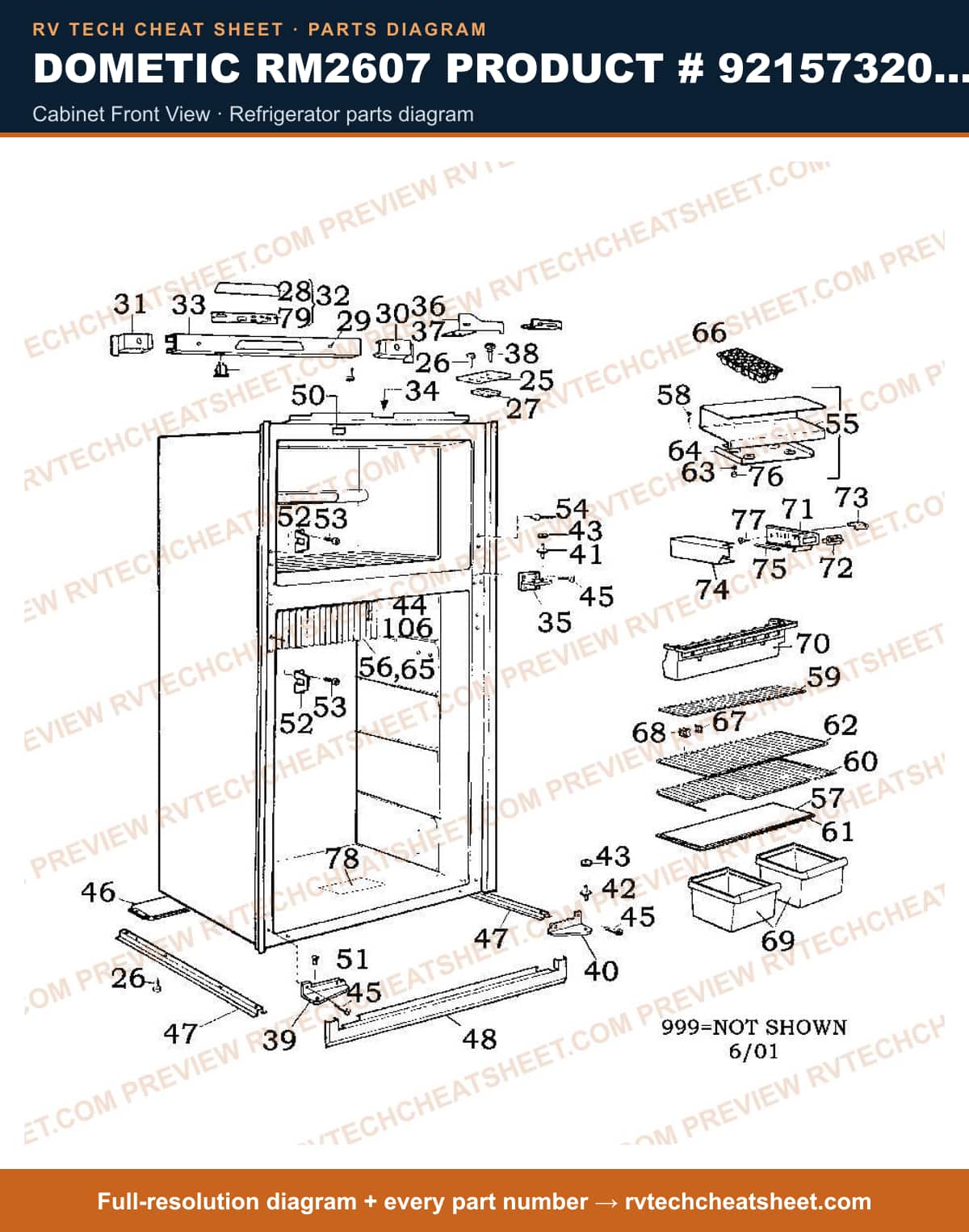 Dometic RM2607 Product # 921573201 3-WAY cabinet front view — parts list sheet