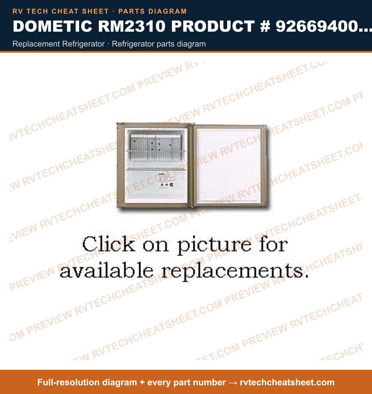 Dometic RM2310 Product # 926694001 2-WAY replacement refrigerator — parts list sheet
