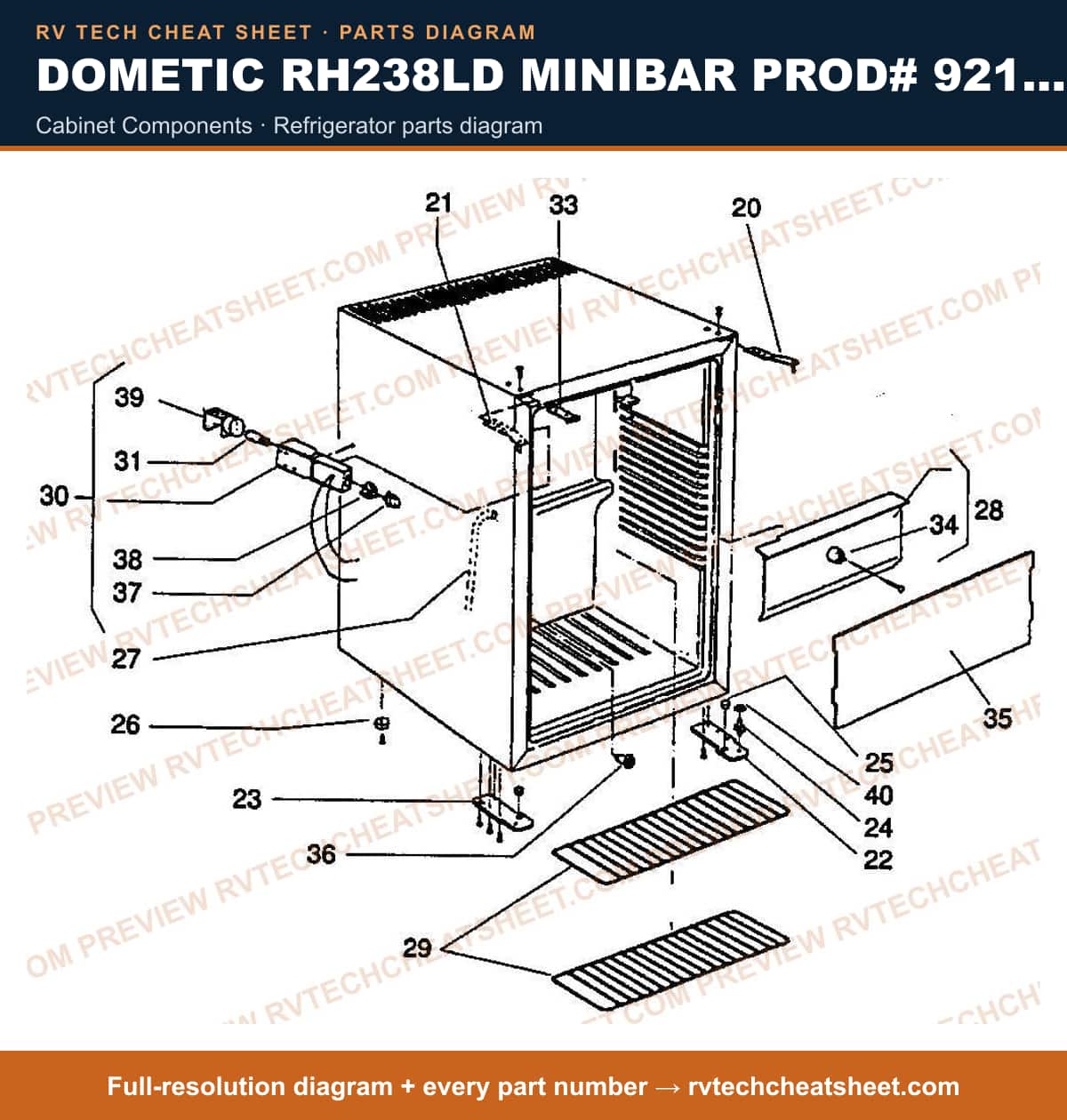 Dometic RH238LD Minibar Prod# 921063265 cabinet components — parts list sheet