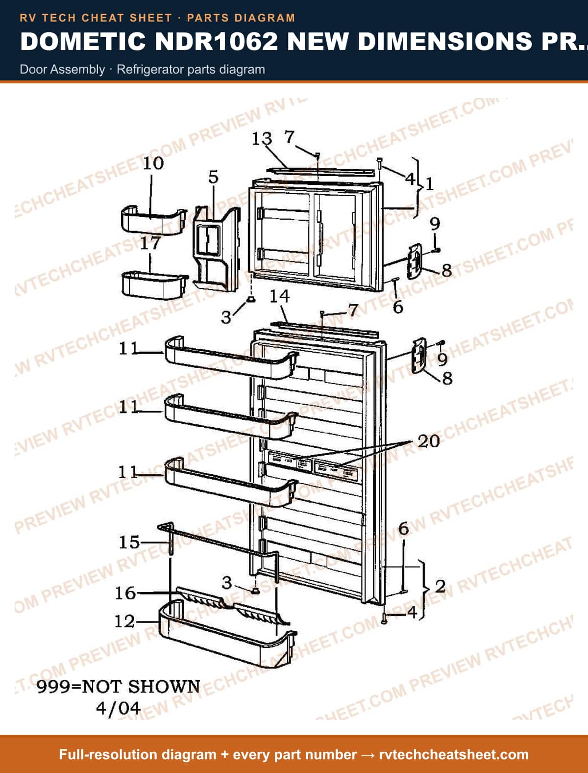 Dometic NDR1062 New Dimensions Product # 921146147 (black) door assembly — parts list sheet