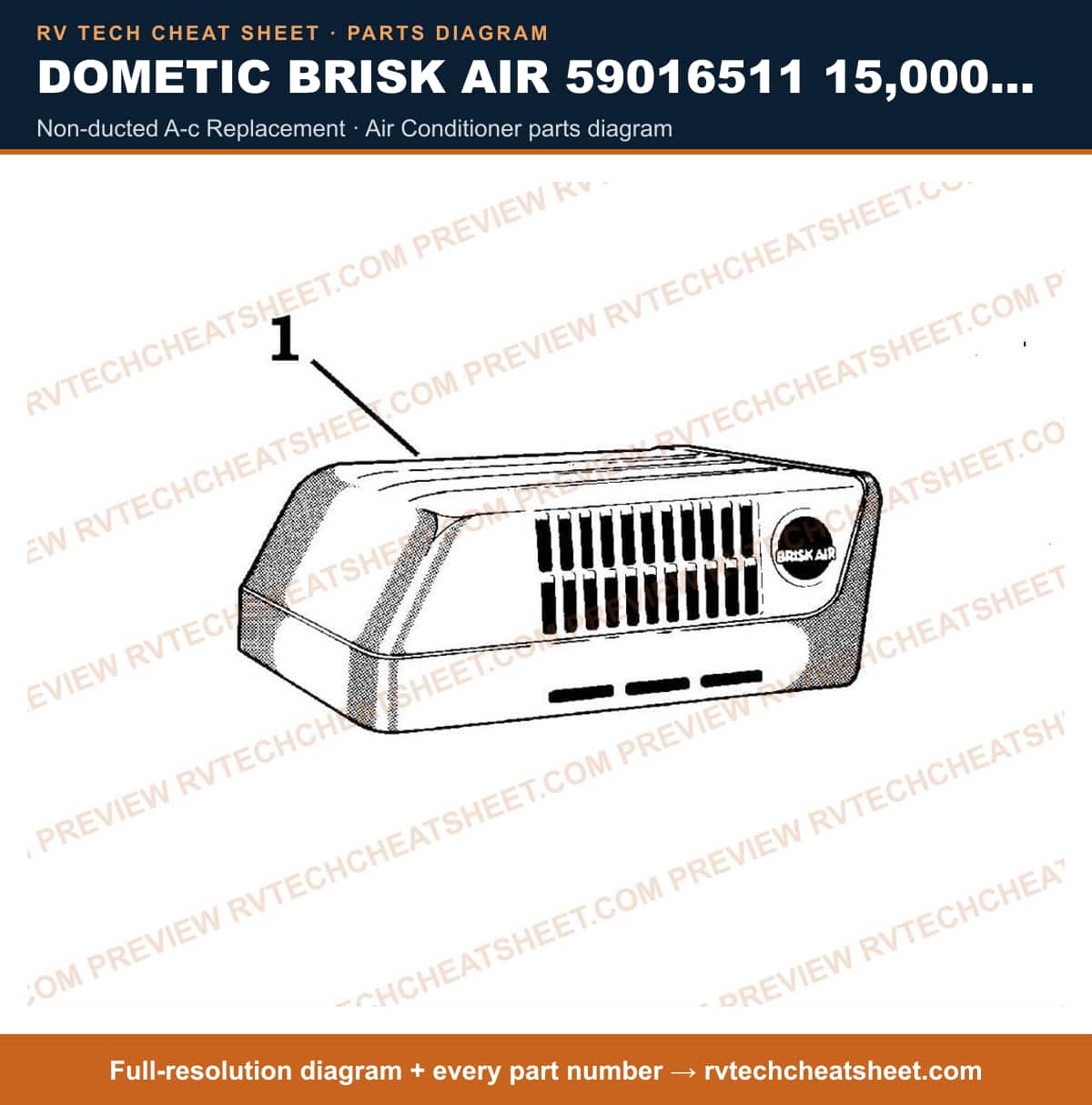 Dometic Brisk Air 59016511 15,000 BTU non-ducted a-c replacement — parts list sheet