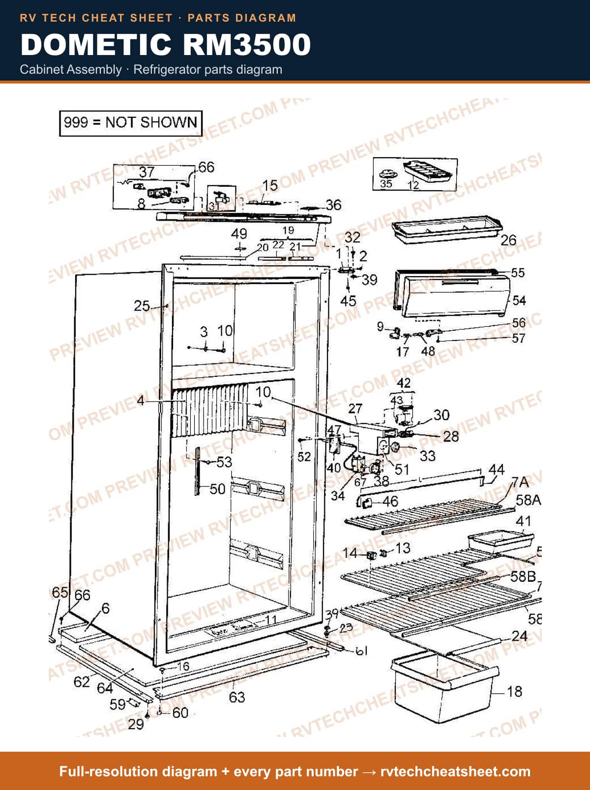 Dometic RM3500 cabinet assembly — parts list sheet