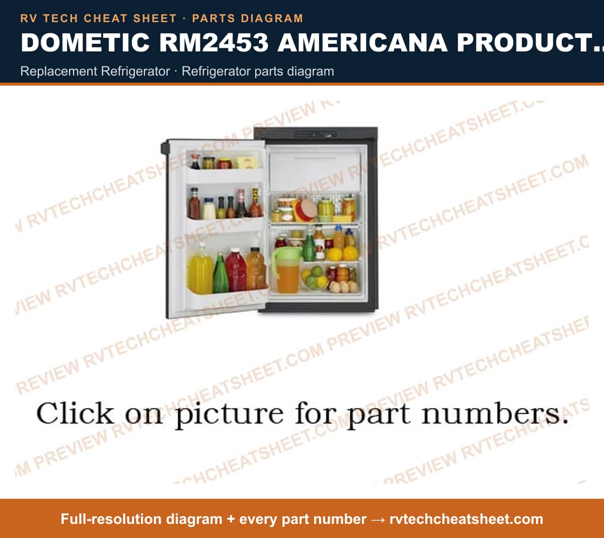 Dometic RM2453 Americana Product # 921140109 Black replacement refrigerator — parts list sheet