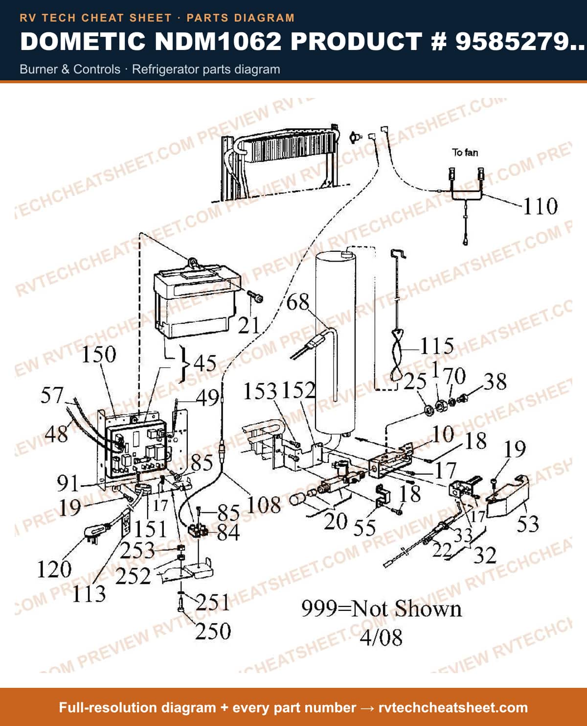 Dometic NDM1062 Product # 958527908 Stainless burner & controls — parts list sheet