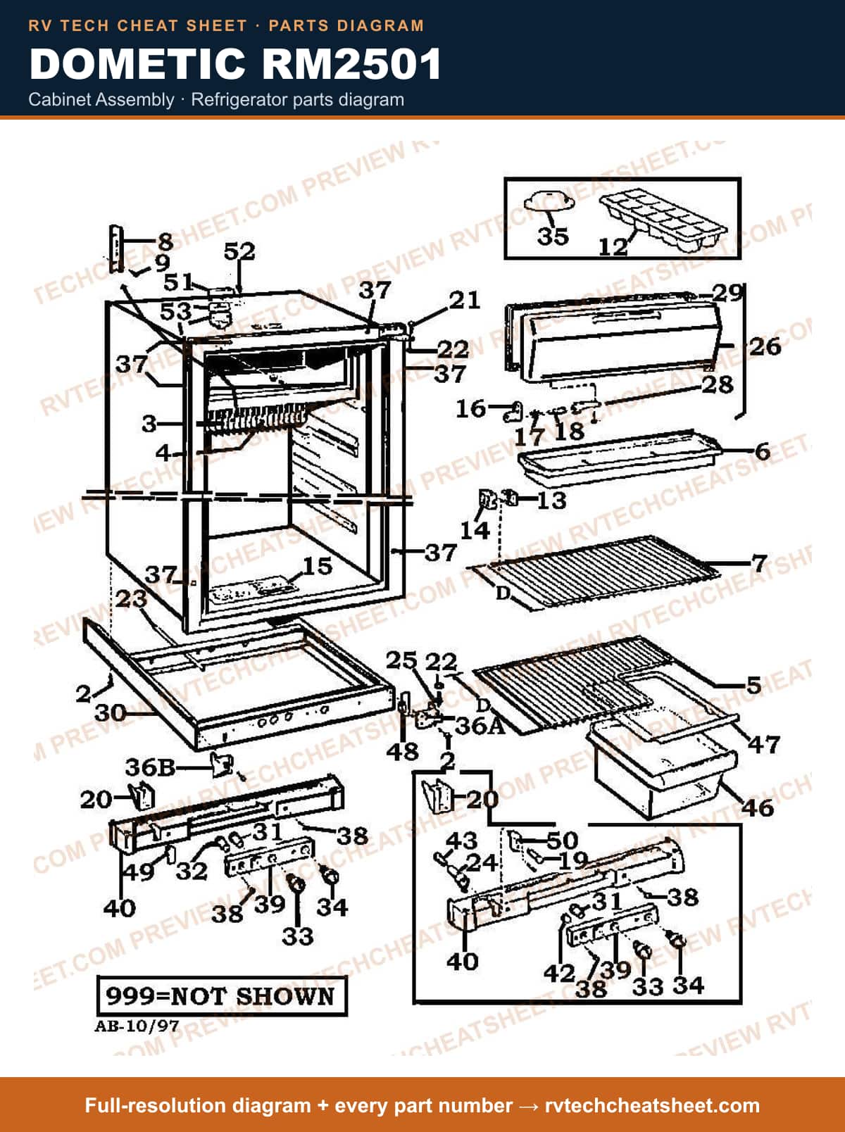 Dometic RM2501 cabinet assembly — parts list sheet