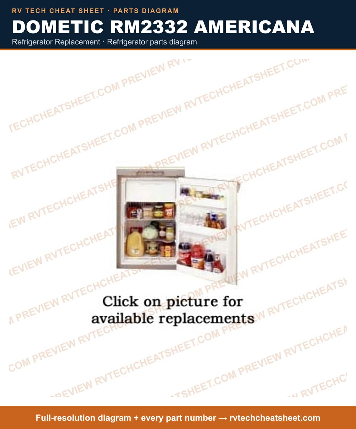 Dometic RM2332 Americana refrigerator replacement — parts list sheet