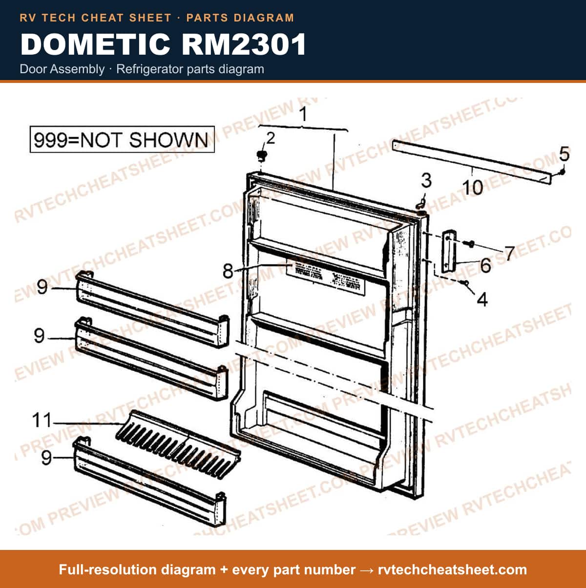 Dometic RM2301 door assembly — parts list sheet