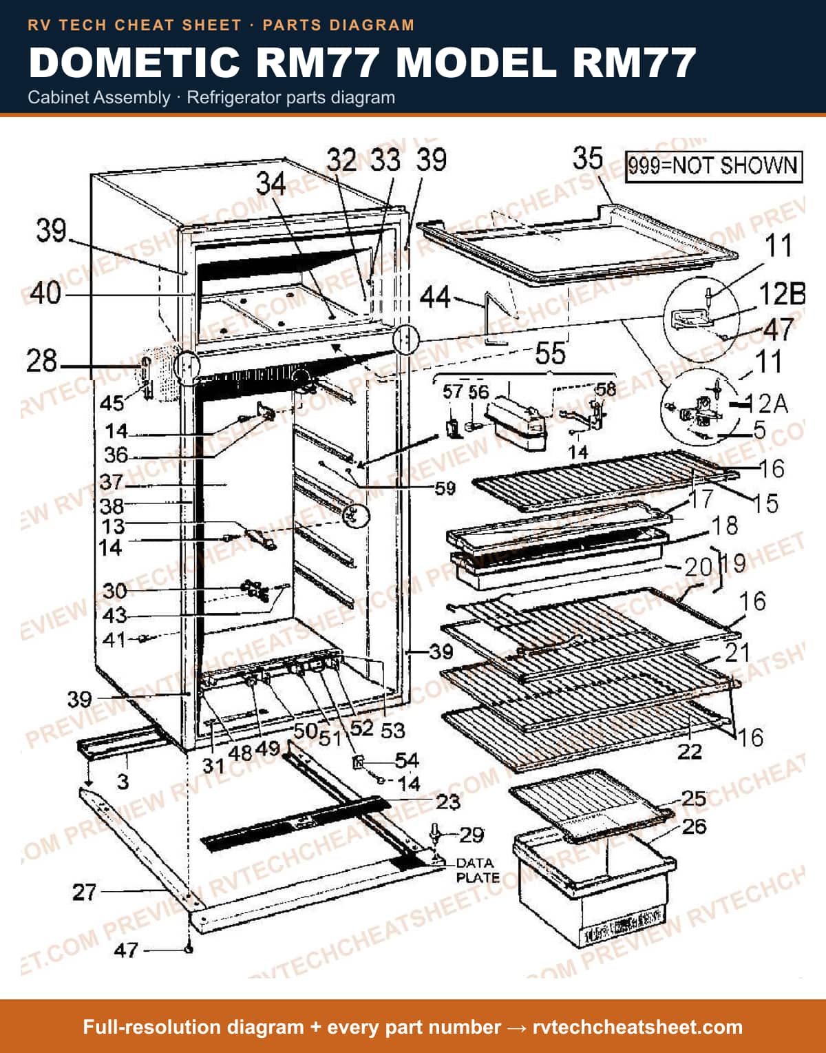 Dometic RM77 Model RM77 cabinet assembly — parts list sheet