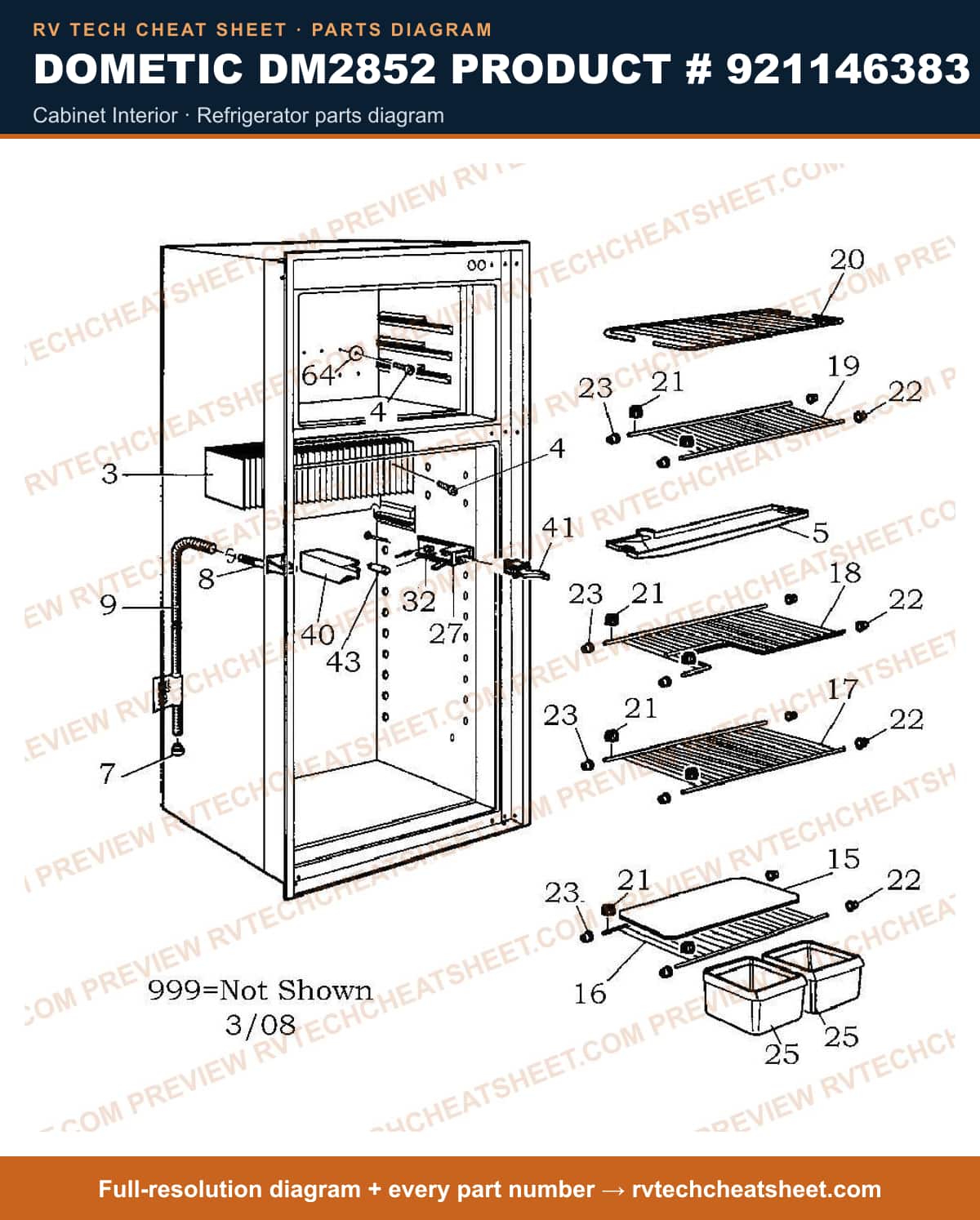 Dometic DM2852 Product # 921146383 cabinet interior — exploded parts diagram