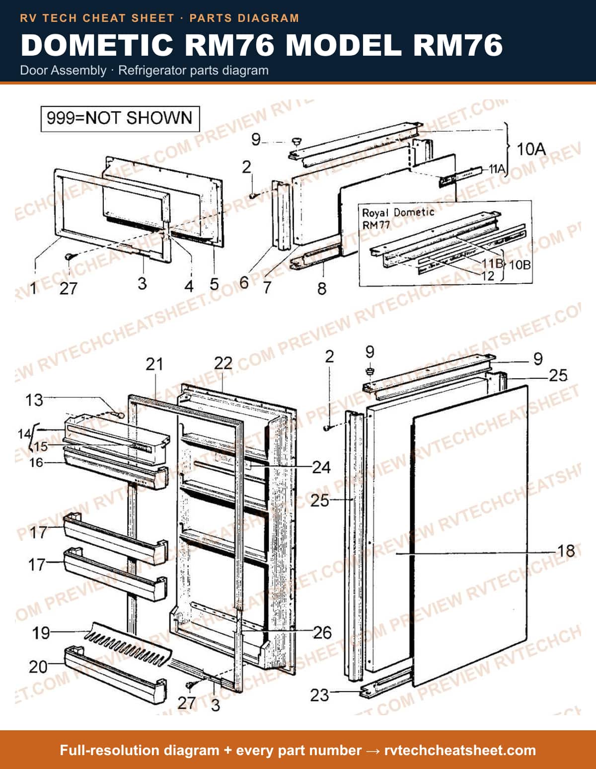 Dometic RM76 Model RM76 door assembly — parts list sheet