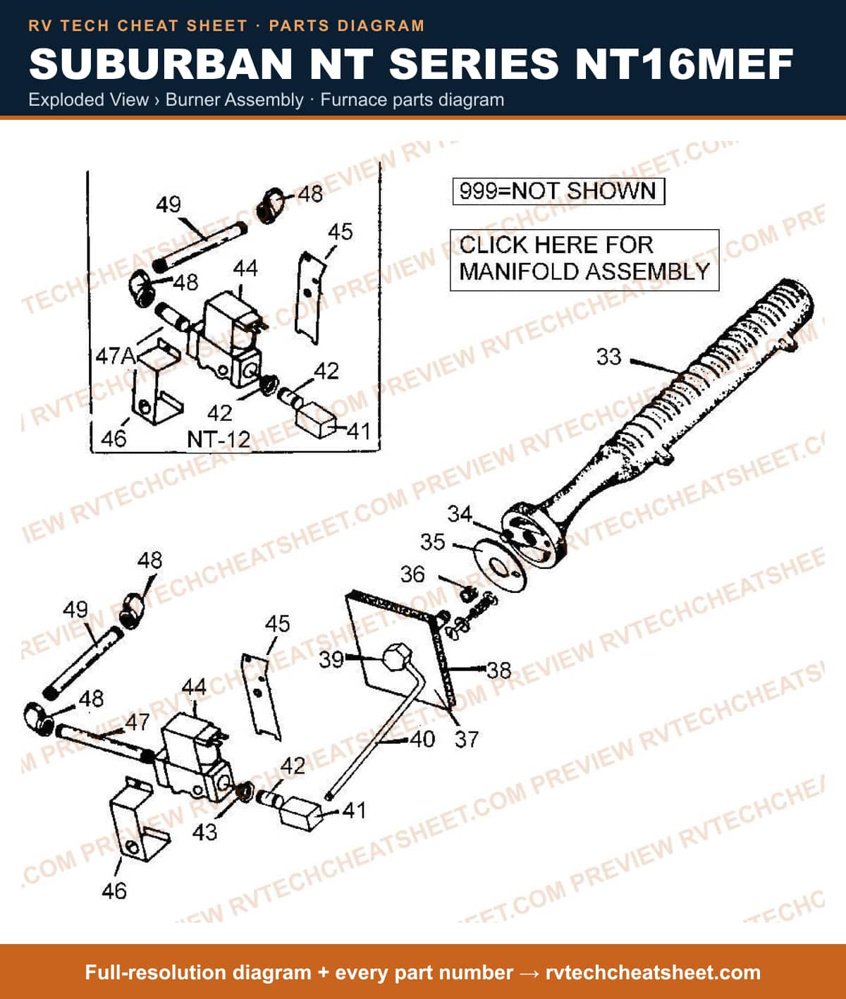 Suburban Nt Series NT16MEF exploded view › burner assembly — exploded parts diagram