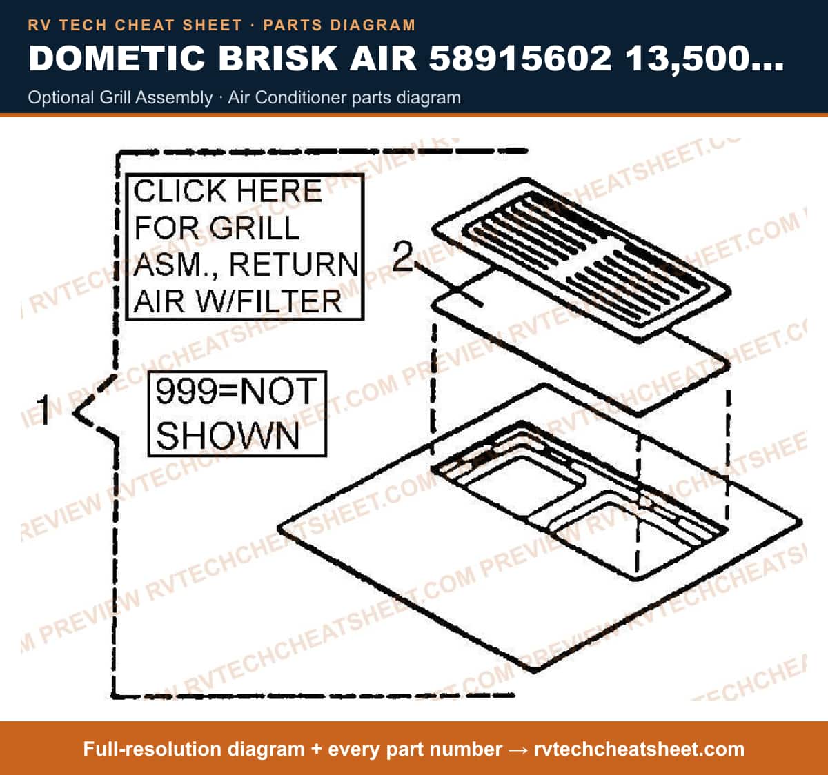 Dometic Brisk Air 58915602 13,500 BTU optional grill assembly — parts list sheet