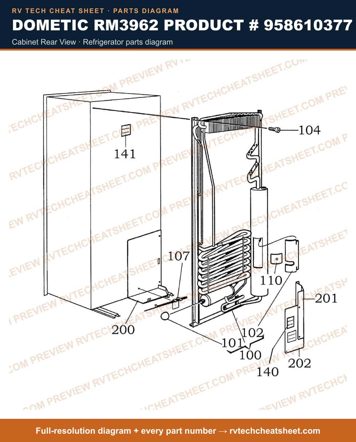 Dometic RM3962 Product # 958610377 cabinet rear view — parts list sheet