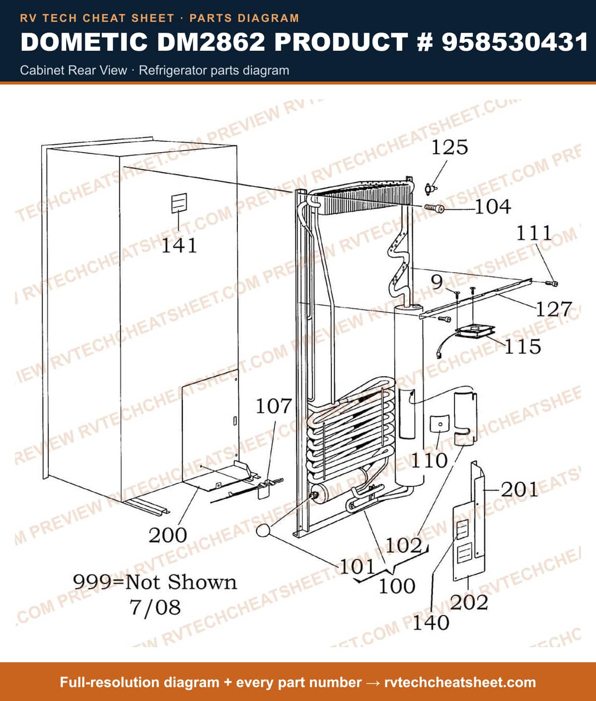 Dometic DM2862 Product # 958530431 cabinet rear view — parts list sheet