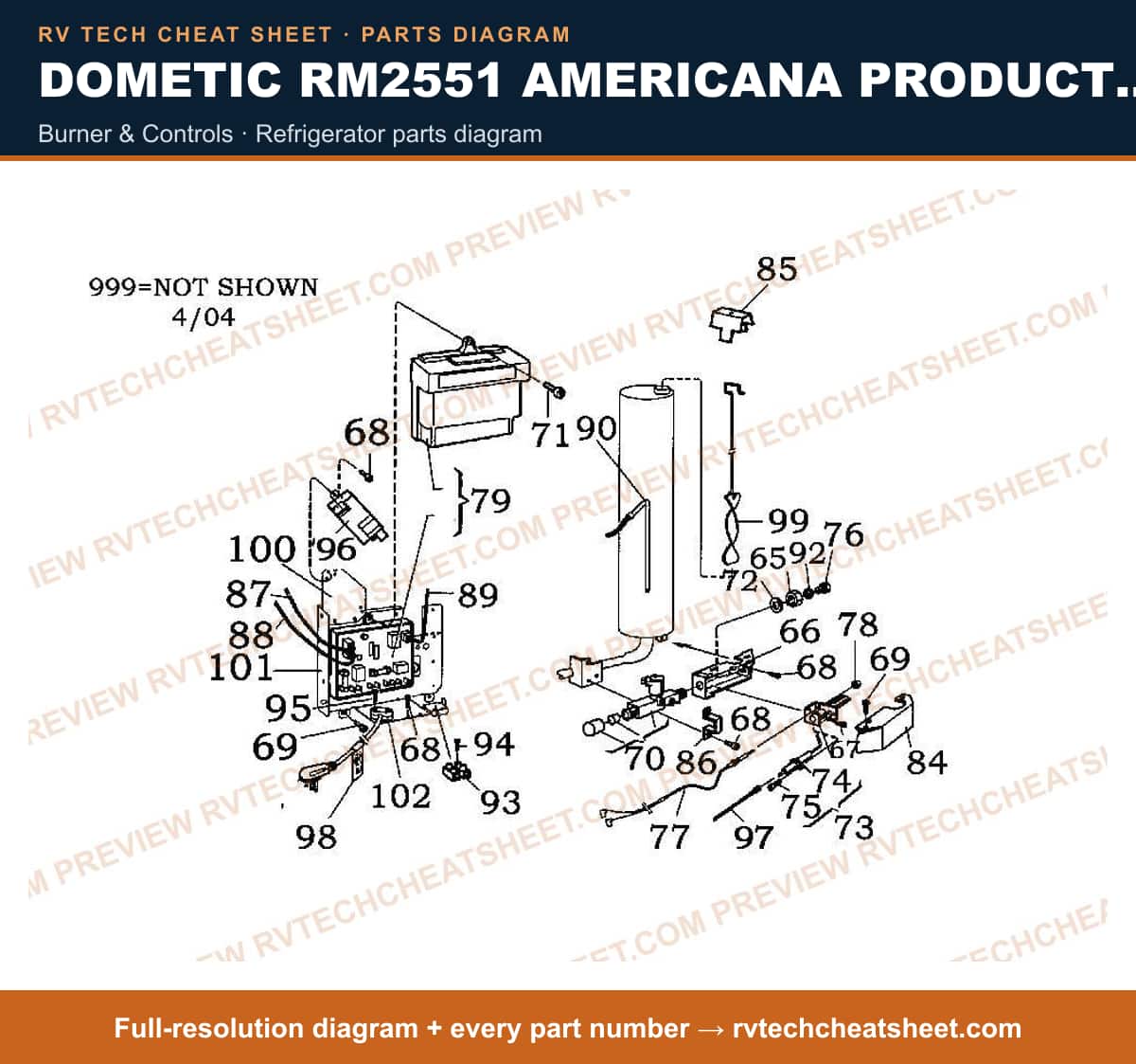 Dometic RM2551 Americana Product # 921142110 Silver burner & controls — parts list sheet