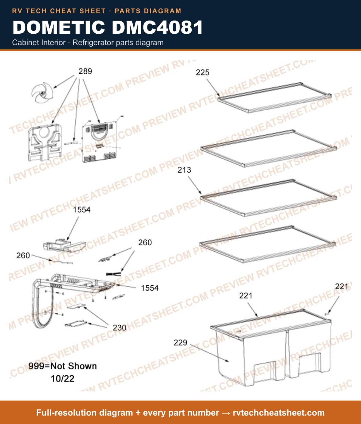 Dometic DMC4081 cabinet interior — parts list sheet