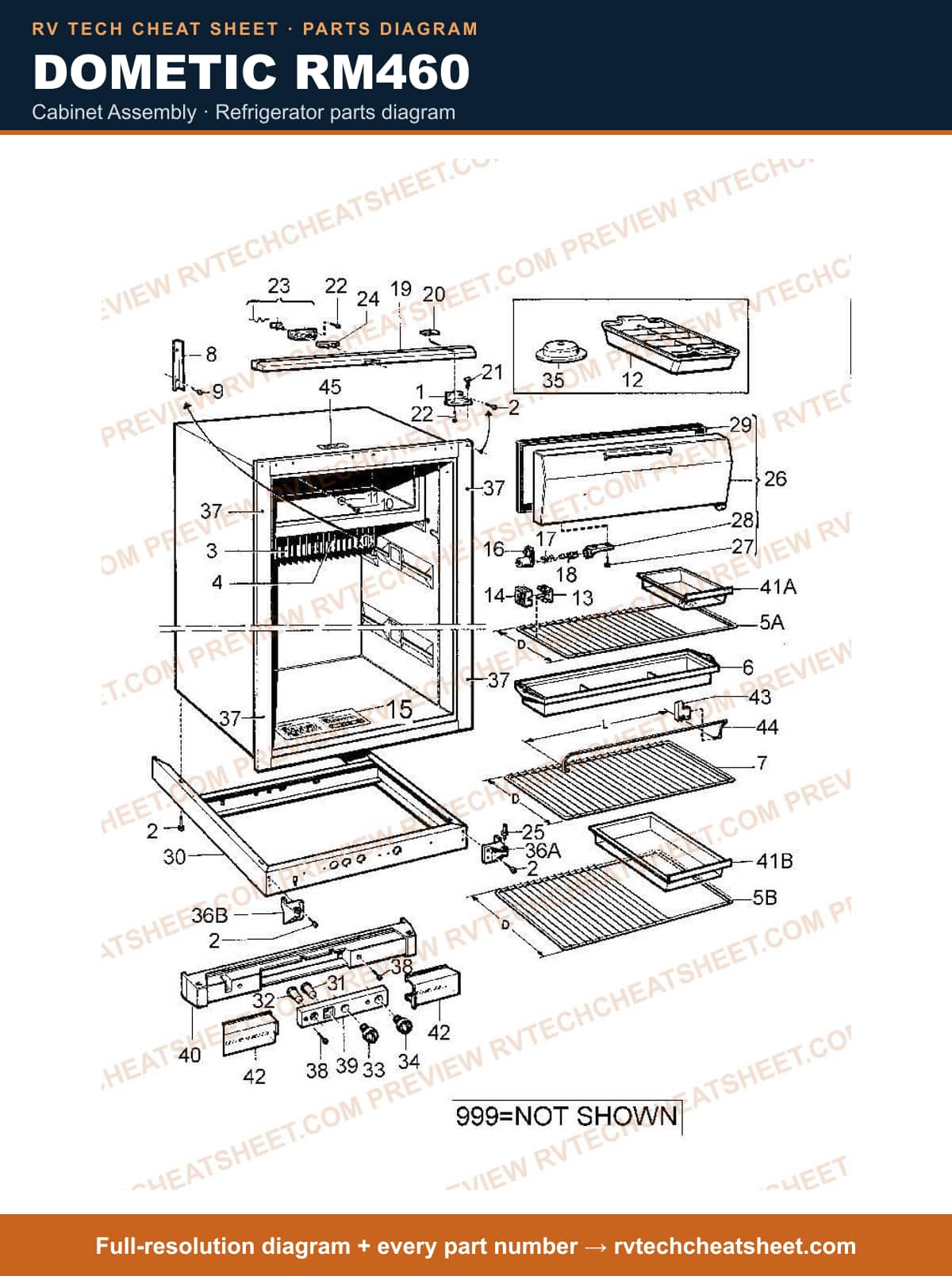 Dometic RM460 cabinet assembly — parts list sheet