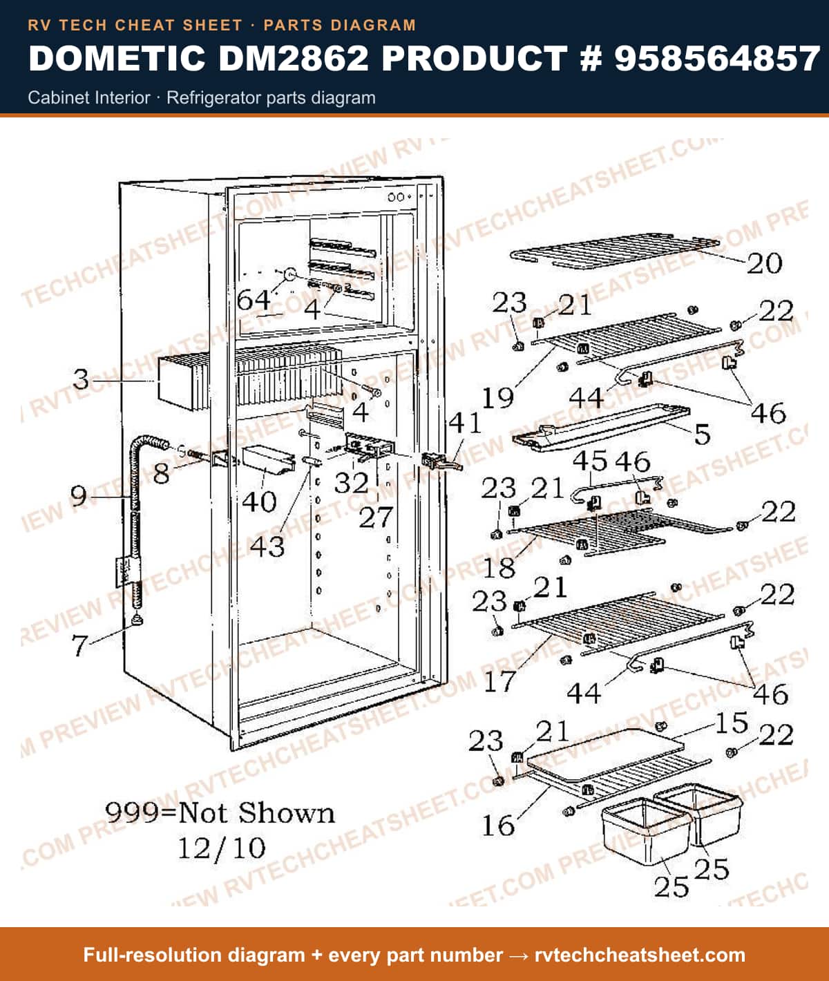 Dometic DM2862 Product # 958564857 cabinet interior — parts list sheet