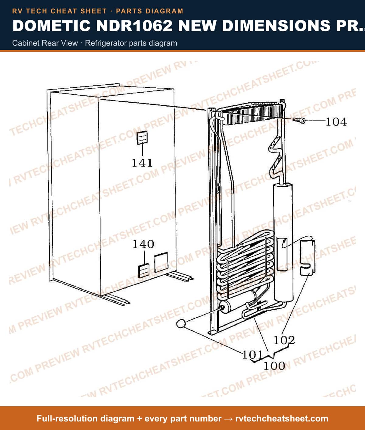 Dometic NDR1062 New Dimensions Product # 921146177 Black cabinet rear view — parts list sheet