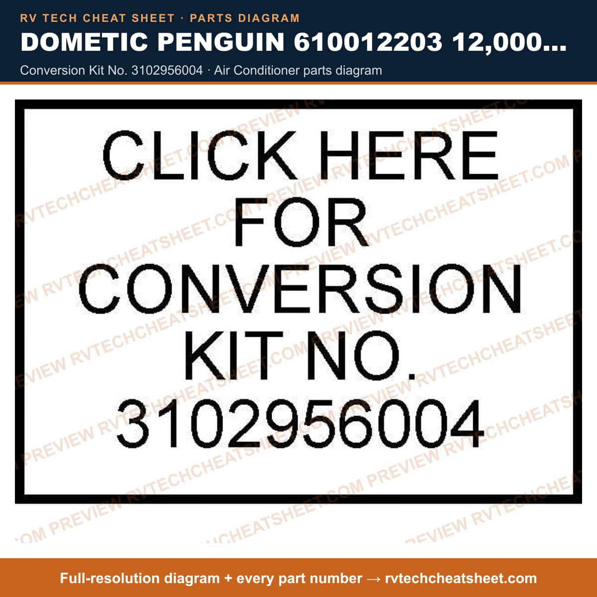 Dometic Penguin 610012203 12,000 BTU conversion kit no. 3102956004 — parts list sheet