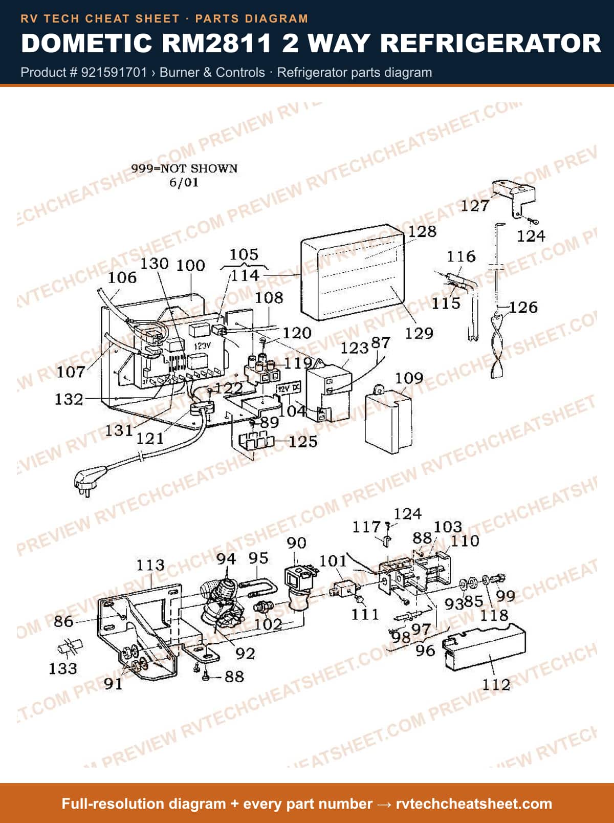 Dometic RM2811 2 Way Refrigerator product # 921591701 › burner & controls — parts list sheet