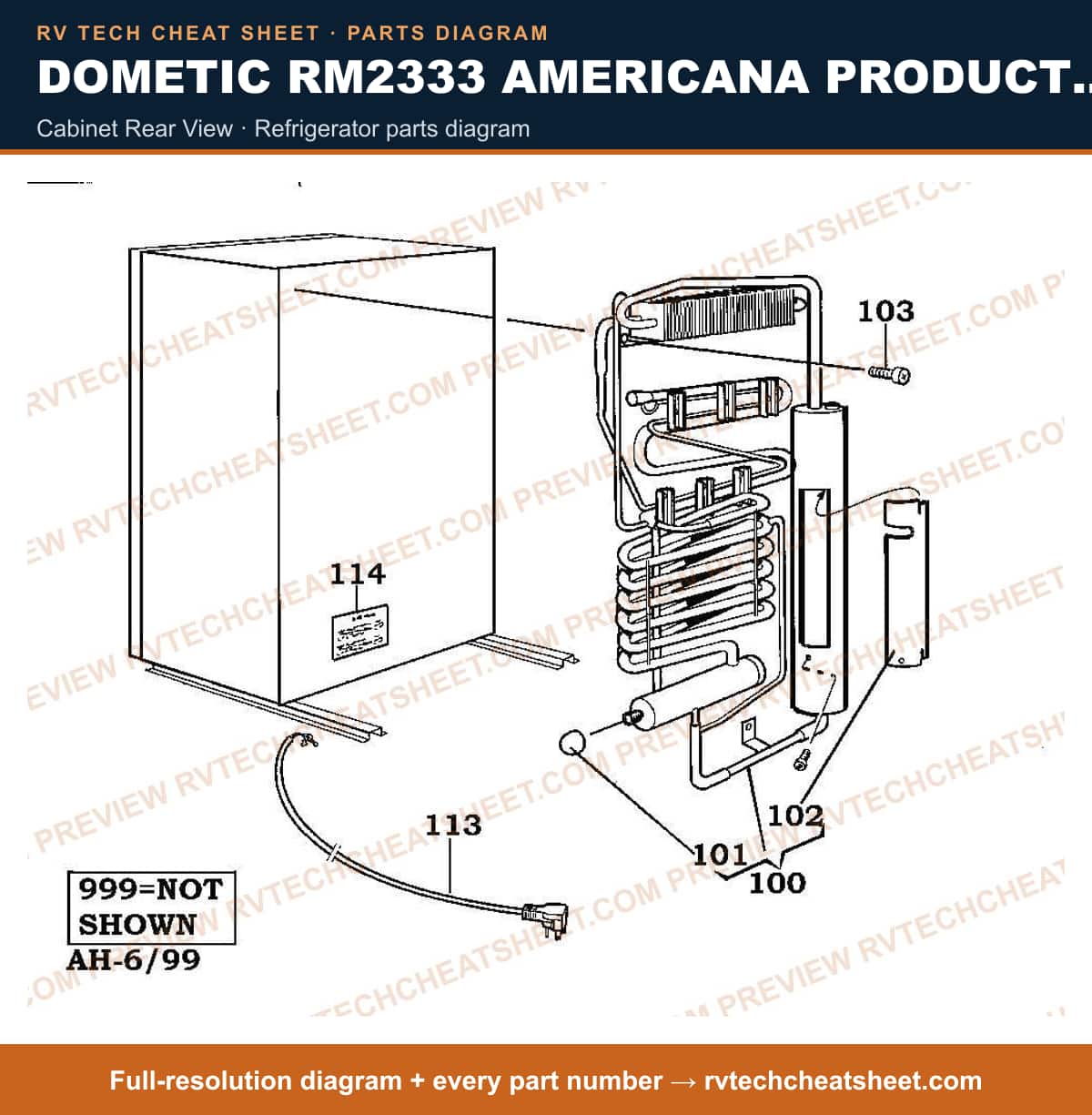 Dometic RM2333 Americana Product # 926695801 cabinet rear view — parts list sheet