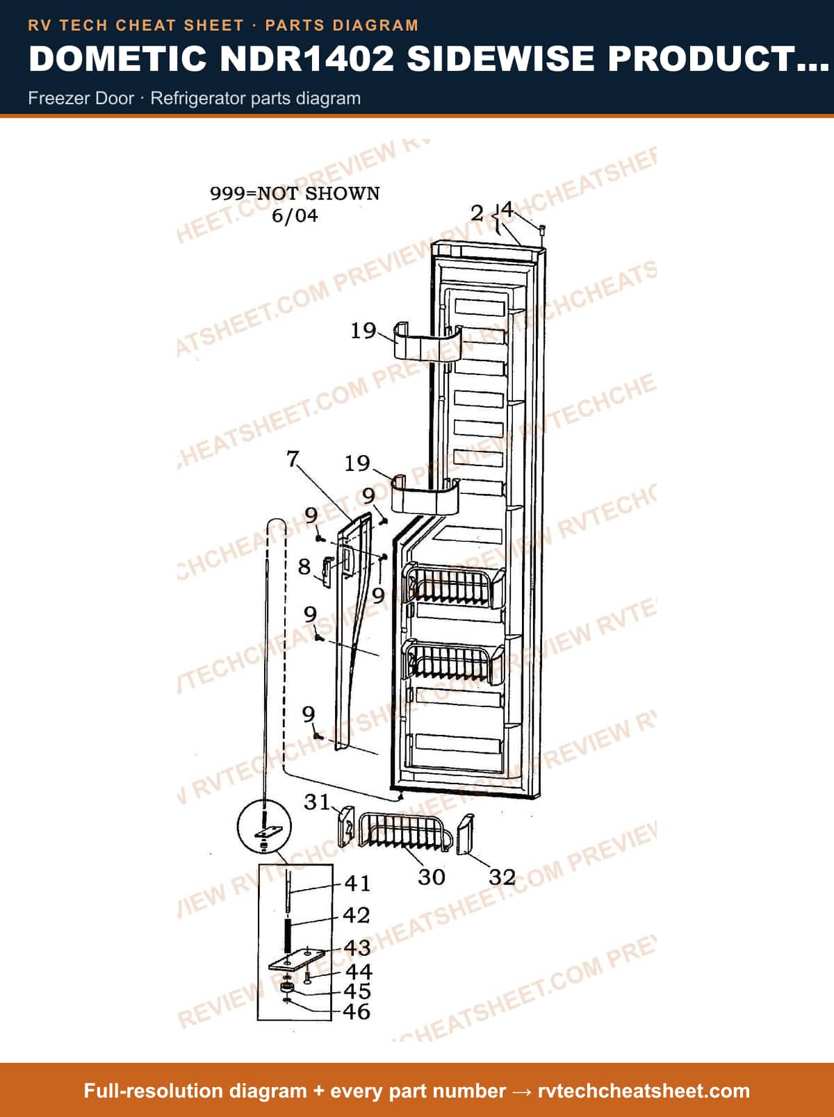 Dometic NDR1402 Sidewise Product # 921148203 Stnls freezer door — parts list sheet