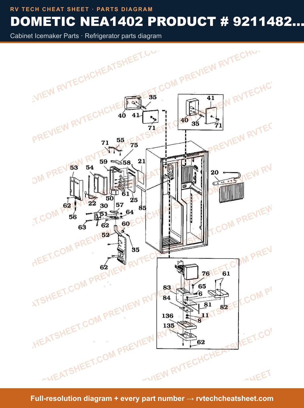 Dometic NEA1402 Product # 921148285 cabinet icemaker parts — parts list sheet
