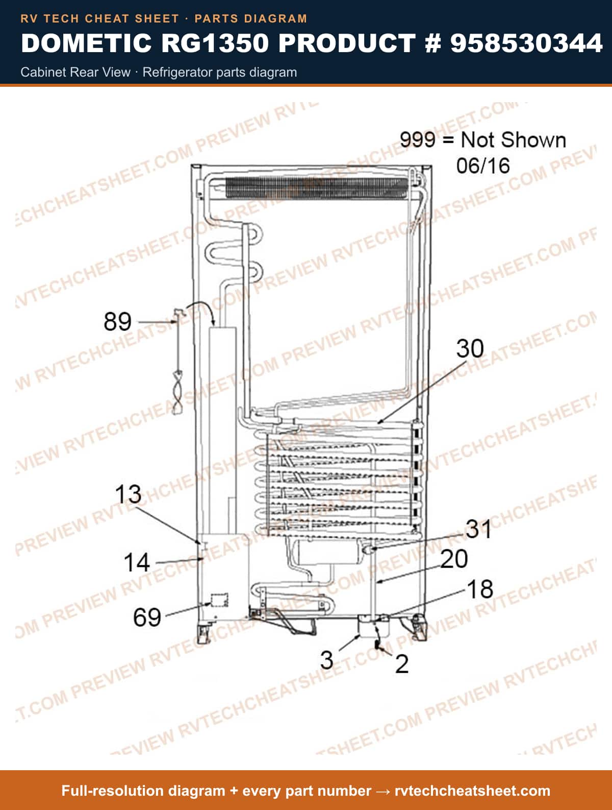 Dometic RG1350 Product # 958530344 cabinet rear view — exploded parts diagram