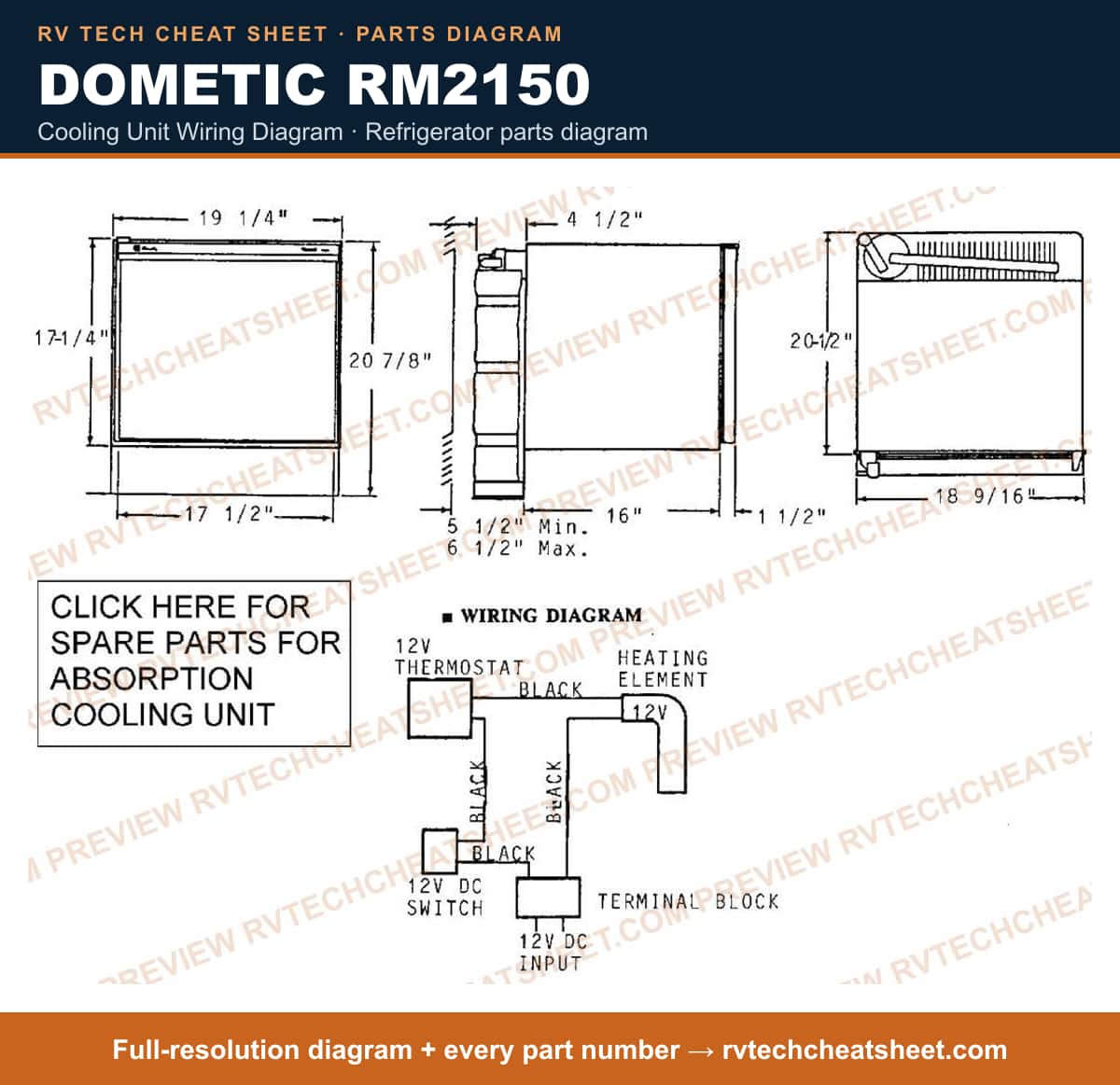 Dometic RM2150 cooling unit wiring diagram — parts list sheet
