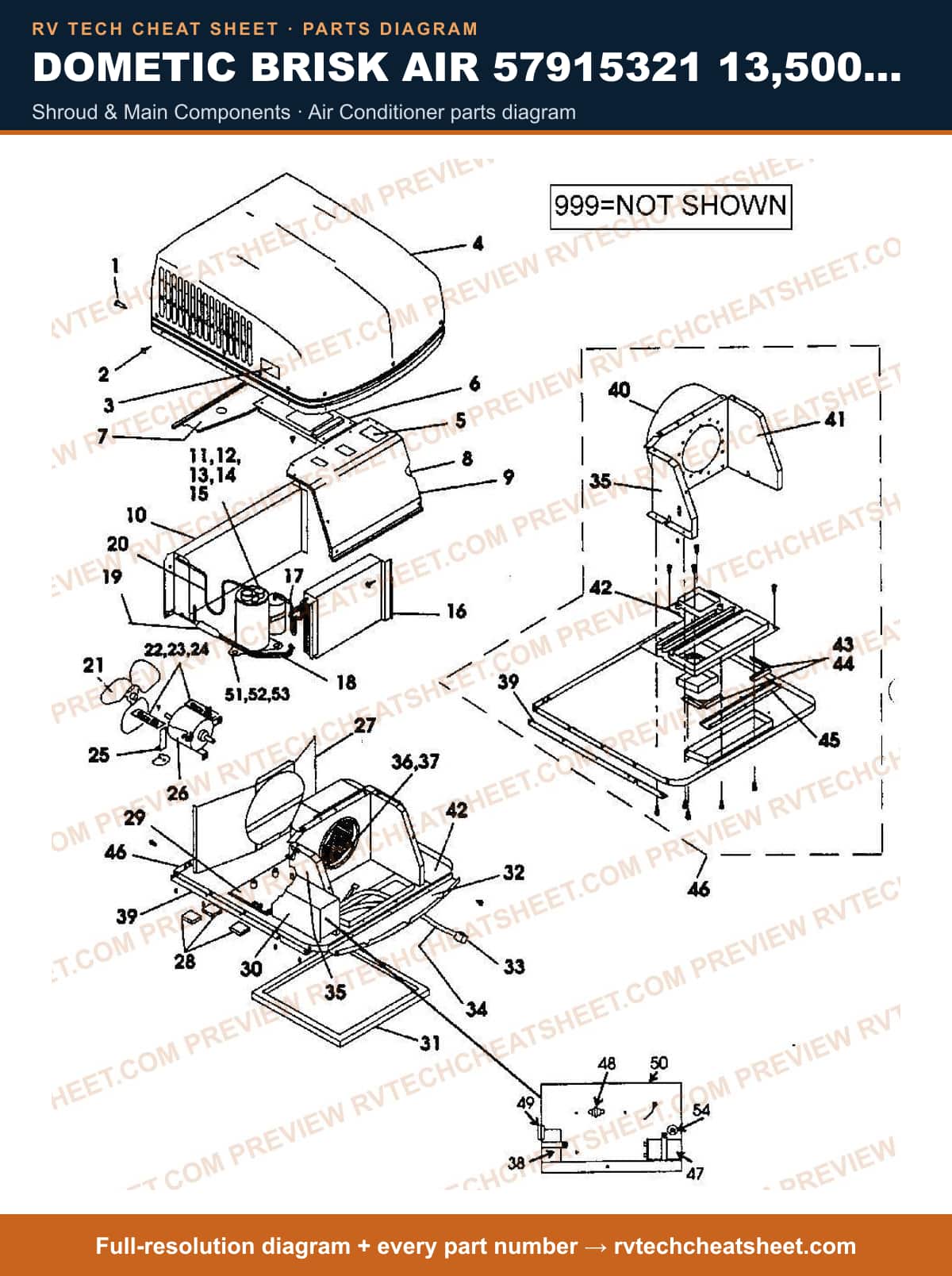 Dometic Brisk Air 57915321 13,500 BTU shroud & main components — exploded parts diagram