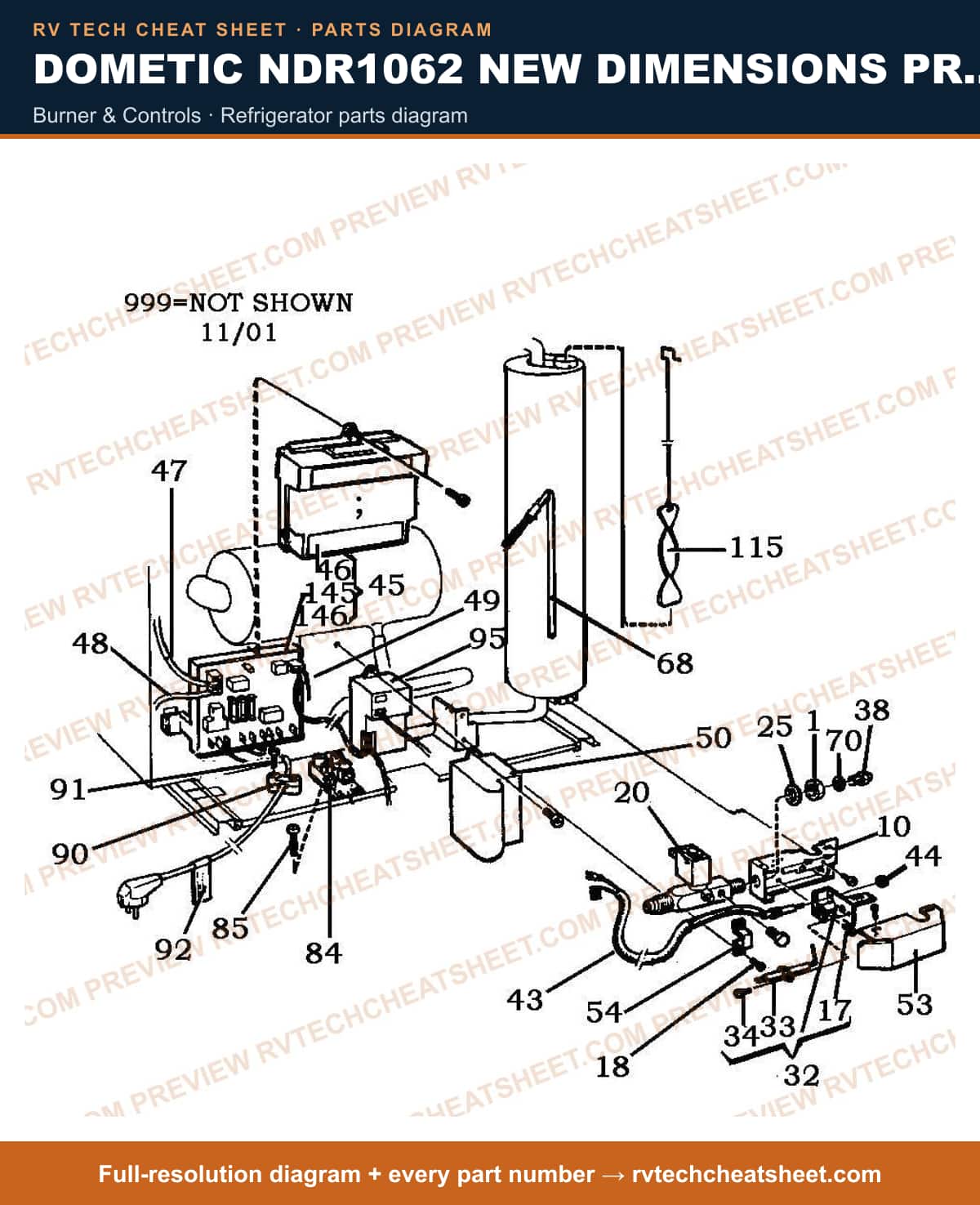 Dometic NDR1062 New Dimensions Product # 921146080 (beige) burner & controls — parts list sheet