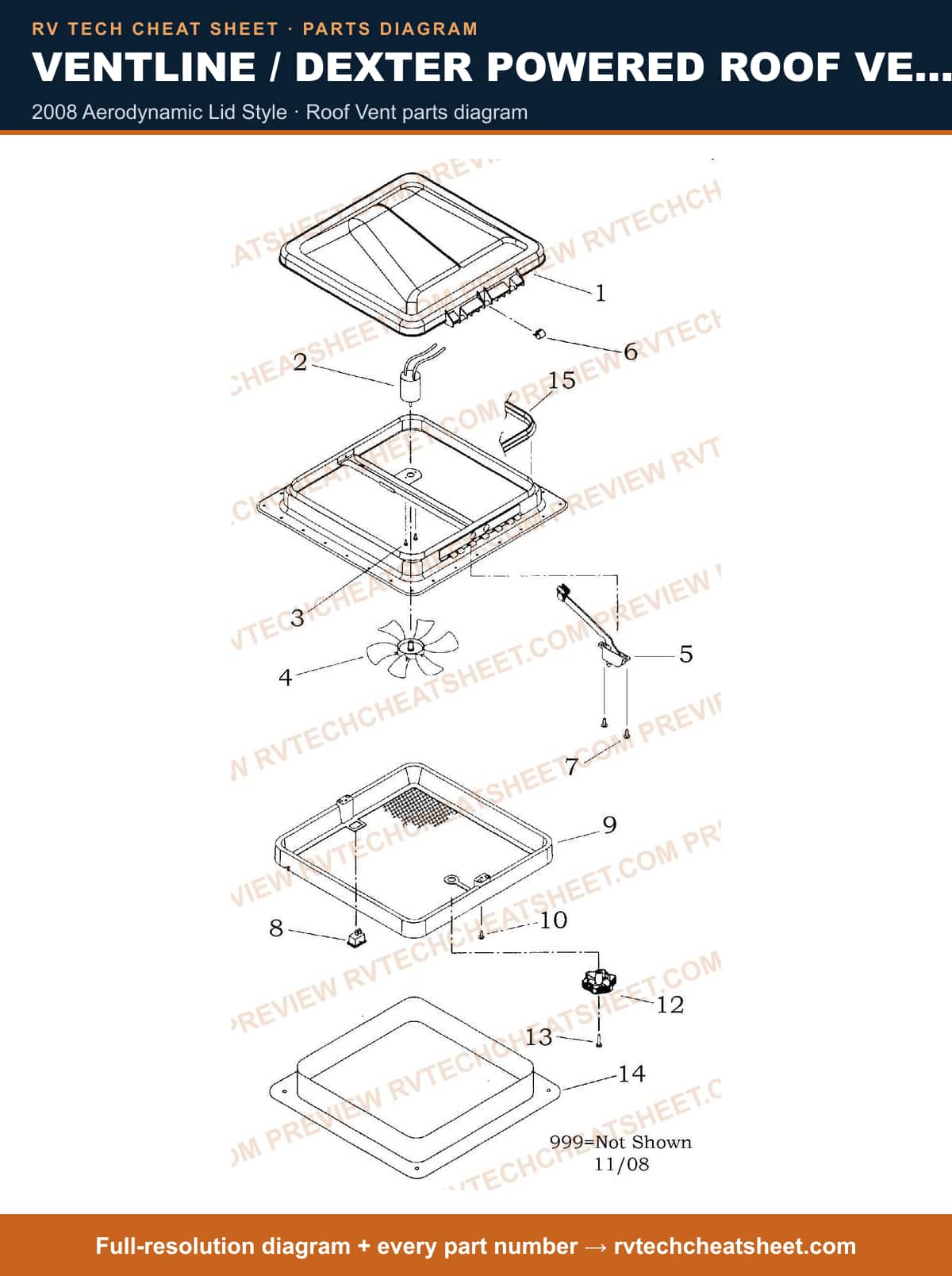 Ventline / Dexter Powered Roof Vents / Outlet Fans & Vents V2094 Series 2008 aerodynamic lid style — parts list sheet 3 of 3