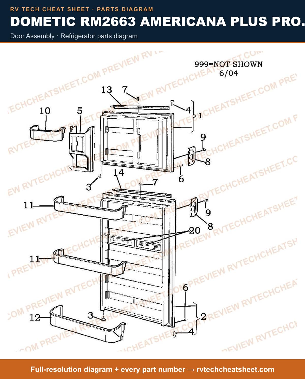 Dometic RM2663 Americana Plus Product # 921144105 Black door assembly — parts list sheet