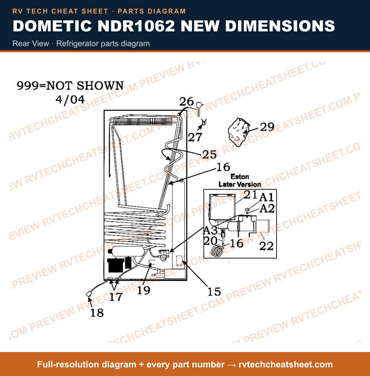 Dometic NDR1062 New Dimensions rear view — parts list sheet