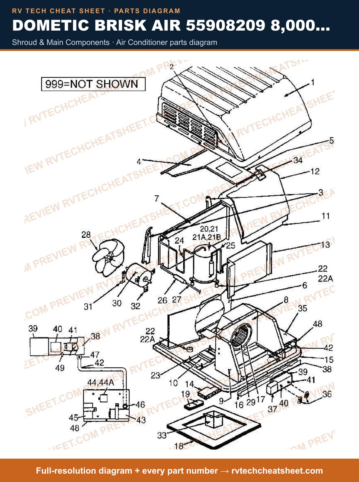 Dometic Brisk Air 55908209 8,000 BTU shroud & main components — parts list sheet