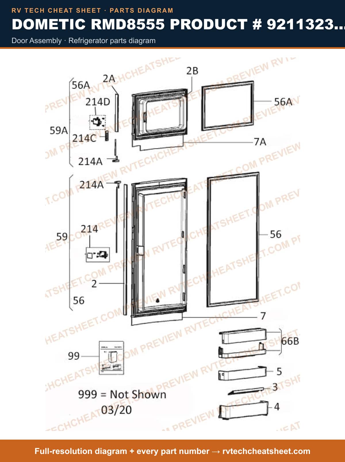 Dometic RMD8555 Product # 921132319 door assembly — parts list sheet