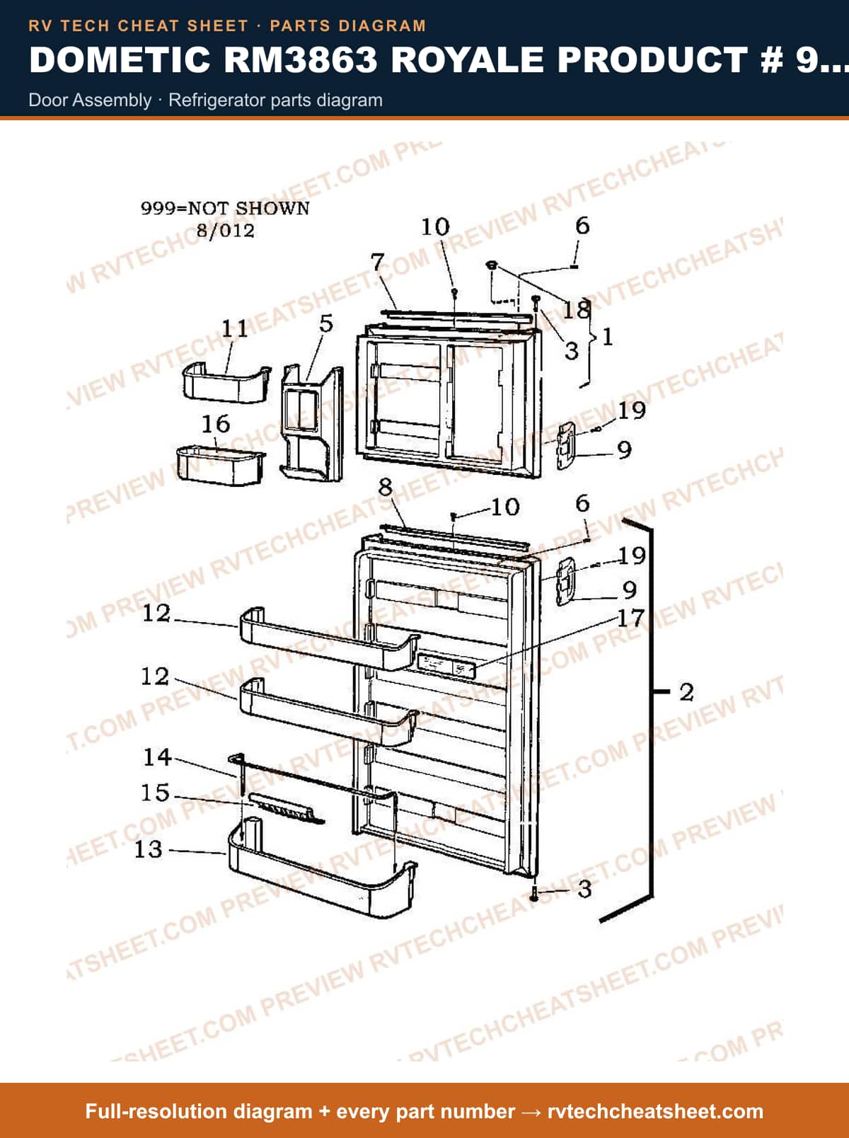 Dometic RM3863 Royale Product # 921146012 Beige door assembly — parts list sheet