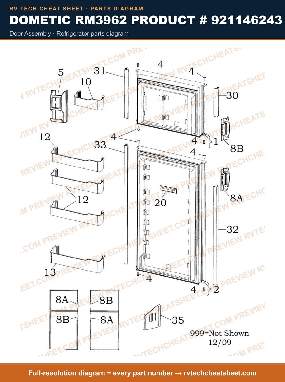 Dometic RM3962 Product # 921146243 door assembly — parts list sheet