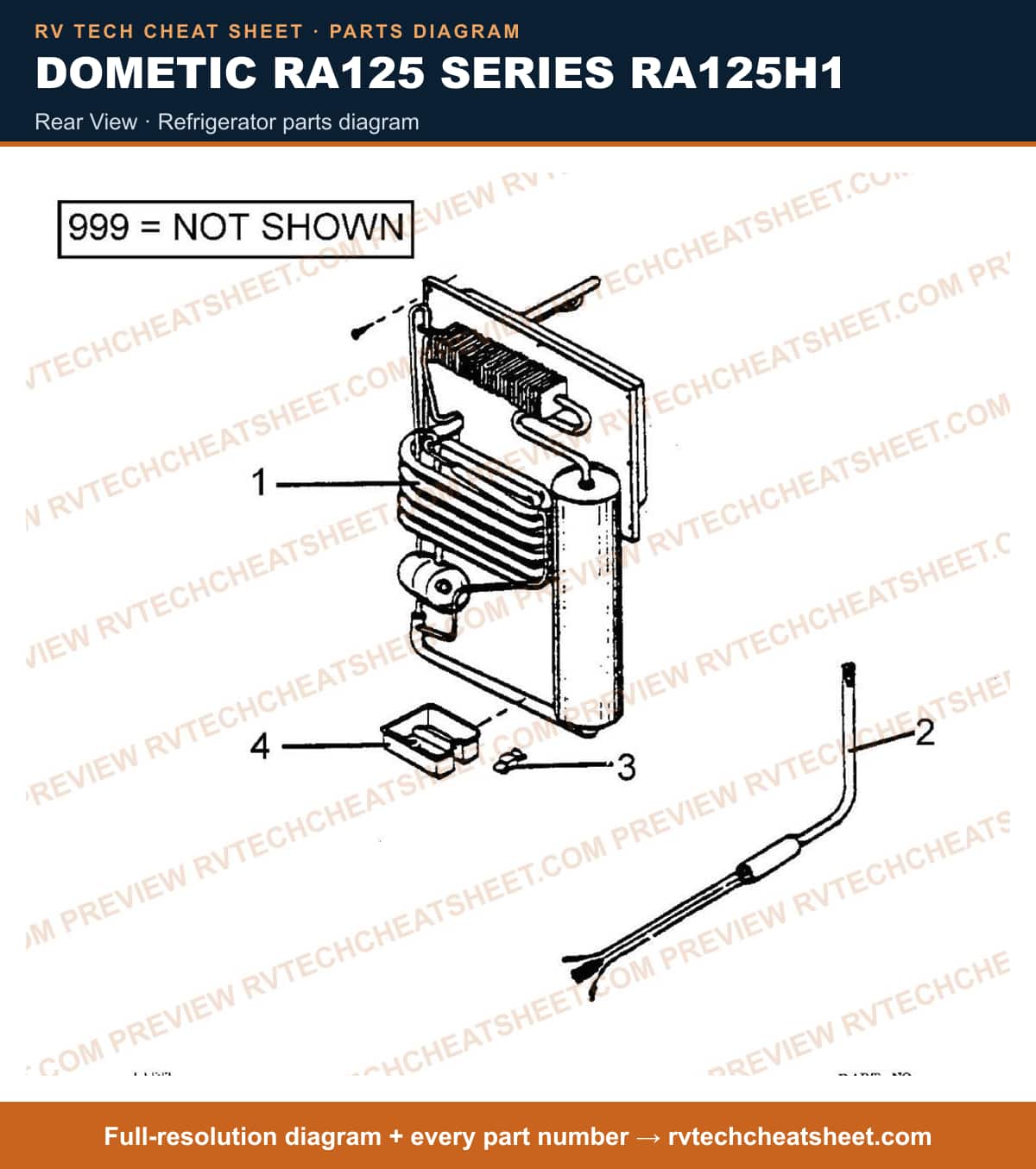 Dometic RA125 Series RA125H1 rear view — parts list sheet